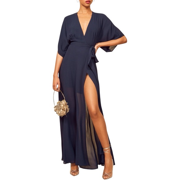 NWT Reformation Winslow Navy Blue Winslow Maxi Kimono Wrap Dress - Picture 6 of 13